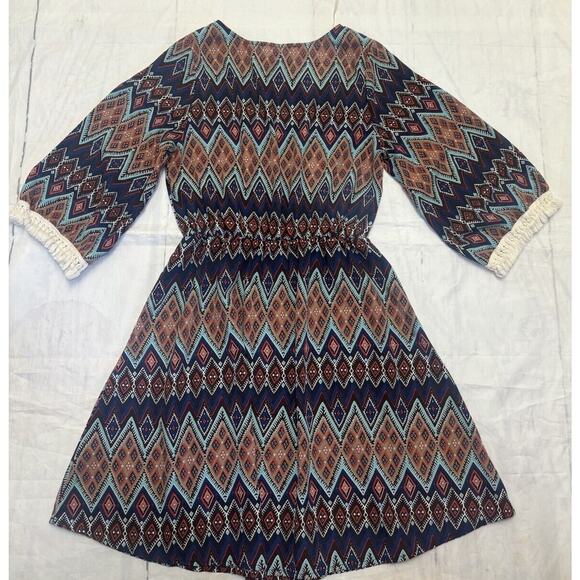 Altar'd State Vintage Boho Dress, Geometric Print, Lace Trim, Women's Small - Picture 2 of 7